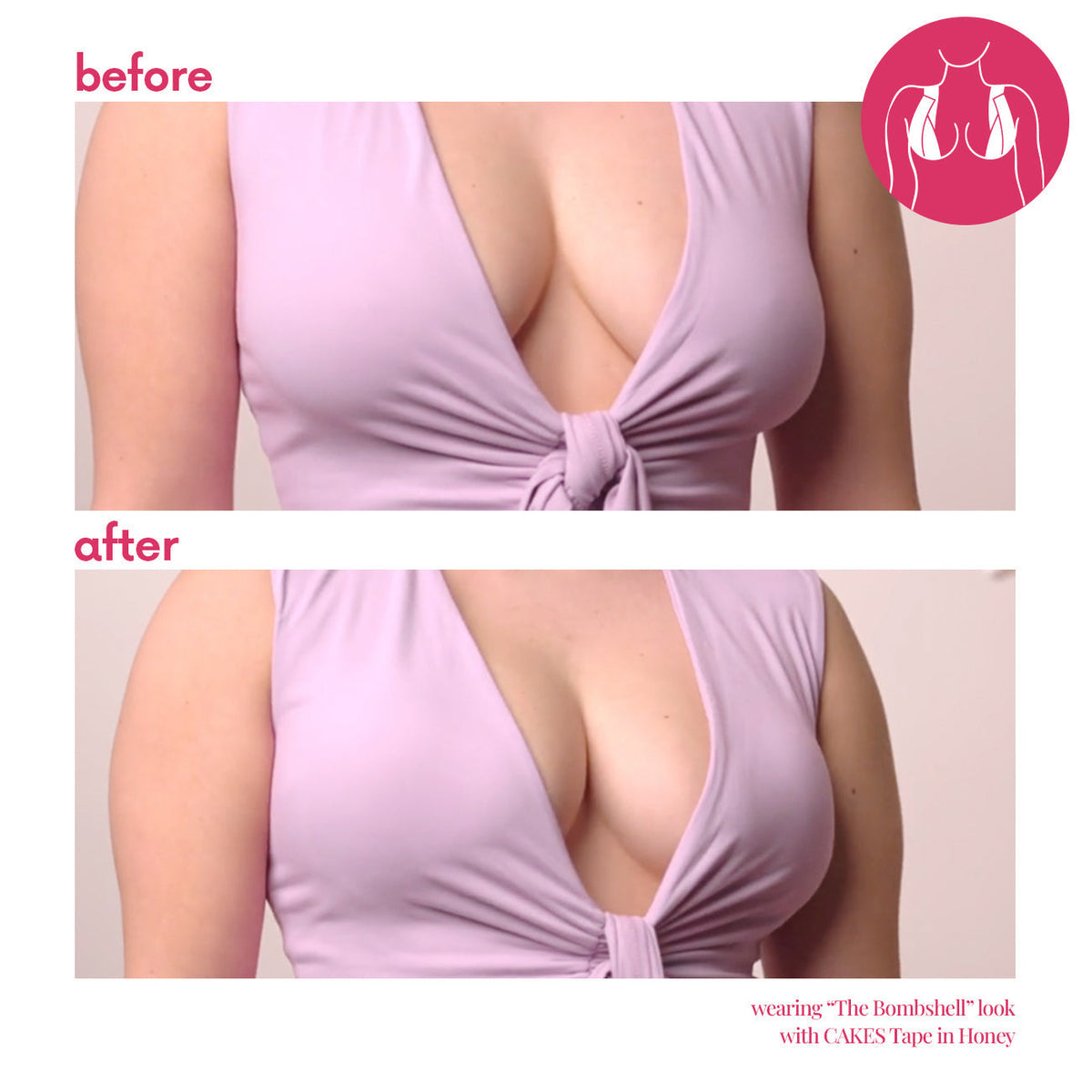 Before and after comparison of a person wearing CAKES Tape™